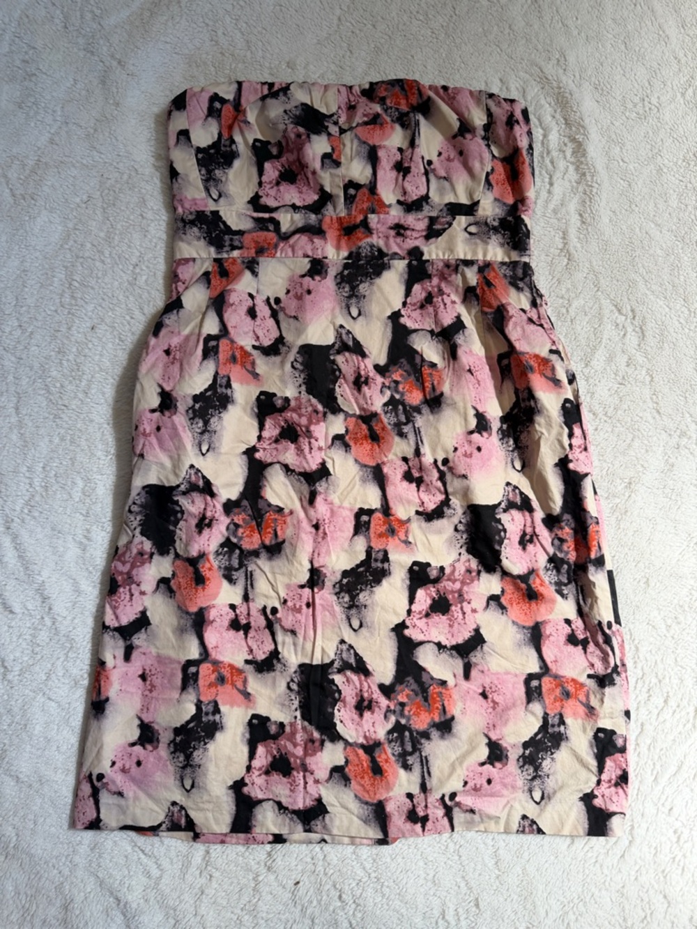 J. Crew Strapless Floral Print Dress in Pink, Black, Cream with Orange Accents